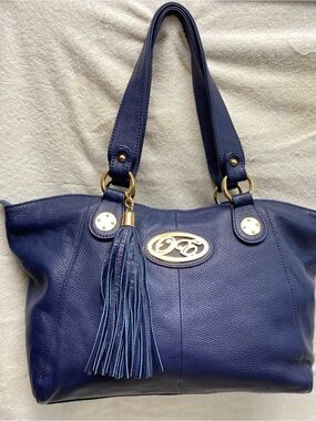 Onna Ehrlich Navy Blue Soft Pebble Leather Tassel Top Zip Tote Handbag Purse